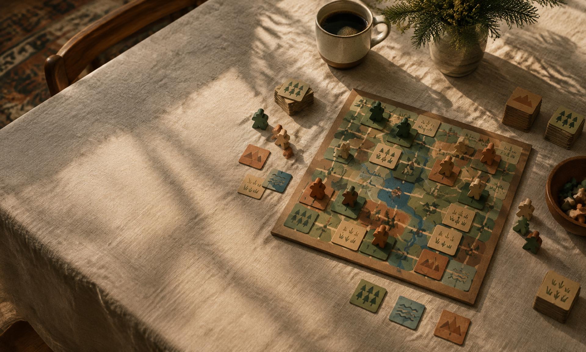A tabletop game in progress on a linen-covered table, with wooden pieces and a cup of coffee in afternoon light